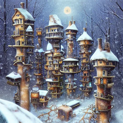 Prompt: a steampunk village on tall stilts in a snowy forest , by Naoto Hattori,
