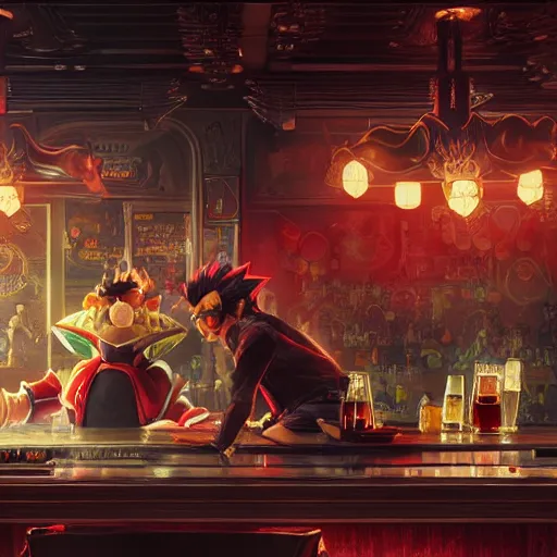 Prompt: an ultra detailed illustration of shadow the hedgehog and bowser sitting in a bar drinking beer, dive bar with a karaoke machine, volumetric lighting, 4 k, octane render, art by greg rutkowski and alphonse mucha and andreas rocha and albert bierstadt