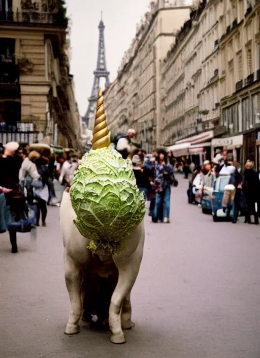 Image similar to a unicorn in paris with a cabbage and a cat out flying out of its horn, canon 5 d 5 0 mm lens kodachrome