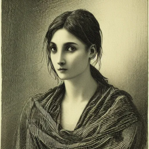 Image similar to extreme close-up, portrait of a young french woman from modern days, Gustave Dore lithography