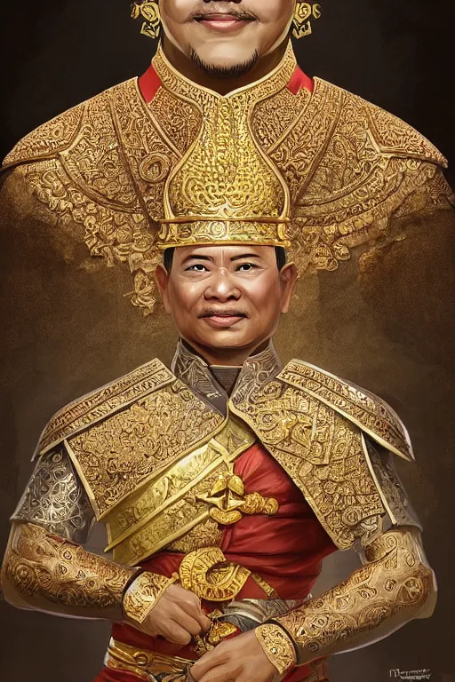 Image similar to full body portrait of king ramkamhaeng the great, thai warload, d & d, elegant, highly detailed, digital painting, artstation, concept art, smooth, sharp focus, illustration, art by thawan duchanee