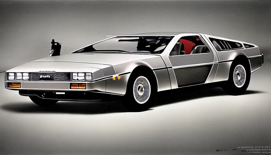 Prompt: 1955 DeLorean as designed by Ford concept by Syd Mead, full color catalog print