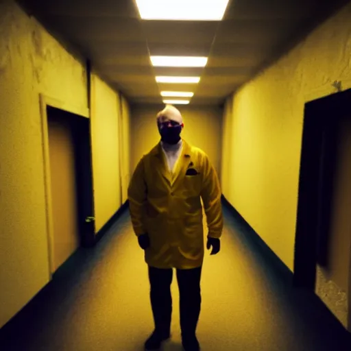 Image similar to flash low quality photograph of a male scientist wearing a lab coat in the backrooms, mustard - yellow old moldy moist carpet room, empty liminal space, very dark shadows, broken fluorescent lighting, horror movie scene, film grain