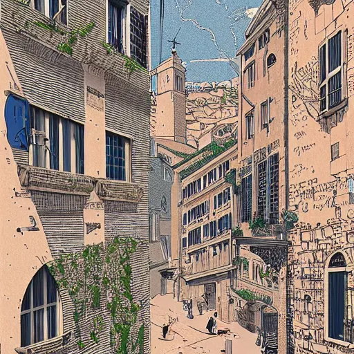 Image similar to isometric view illustration of a medieval Marseille street corner, highly detailed, mid day by Victo Ngai