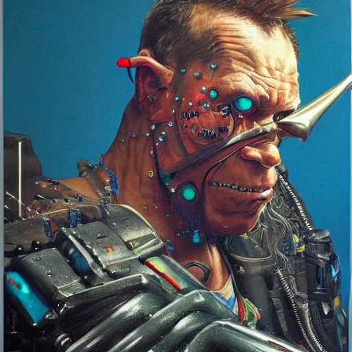 Prompt: cyberpunk orcs, rule of thirds, cinematic lighting, by chuck close, by norman rockwell, hyperrealistic photorealism acrylic on canvas, hyper detailed, mohawk.