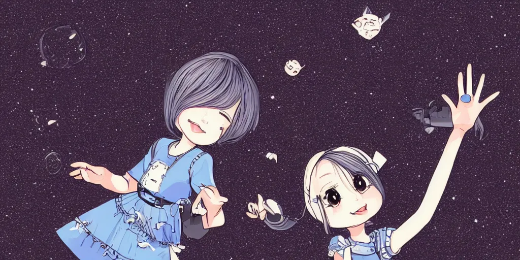 Image similar to Alice , watching and waving to Bob as he falls into the black hole , detailed 2d illustration, kawaii manga style, flat style, artstation