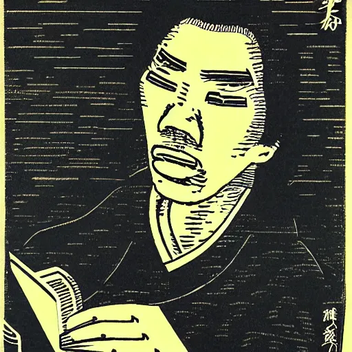 Image similar to portrait of a programmer by makoto yukimura, woodcut