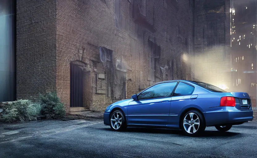 Prompt: blue 2 0 0 3 honda accord parked near a grey brick garage at sunrise, oil puddle under car, concept art, octane render, unreal engine 5, trending on artstation, high quality, 8 k, soft lighting, path traced, hyperrealistic, highly detailed, digital art, symmetrical, cinematic, high coherence, godrays