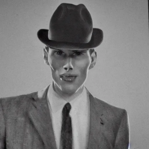 Image similar to A photograph portrait of Jerma985 wearing a suit with and fedora in the 1940s, taken in the early 1940s, grainy, taken on a 940s Kodak Camera, realistic, hyperrealistic, very realistic, highly detailed, very detailed, extremely detailed, detailed, digital art, trending on artstation