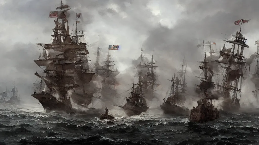 Prompt: sea battle between two flotillas with ironclads and steamboats, flag ships, trafalgar, papyrus, watercolored, jakub rozalski, dark colours, dieselpunk, artstation