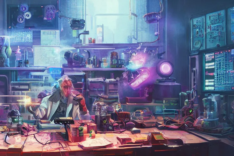 Prompt: cinematic cyberpunk mage in his lab by Michael Bay