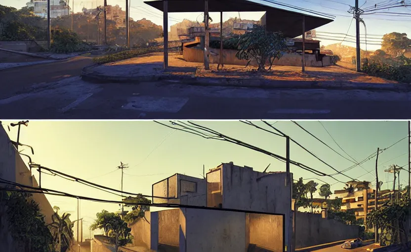 Prompt: an modernist favela environment, wild animals everywhere, simplicity, minimalist, elegant, glass panes, billboards, glowing lights, soft ambient lighting, photorealism, unreal engine, art by michael whelan and chris moore and howard david johnson and tim white and dan giancola