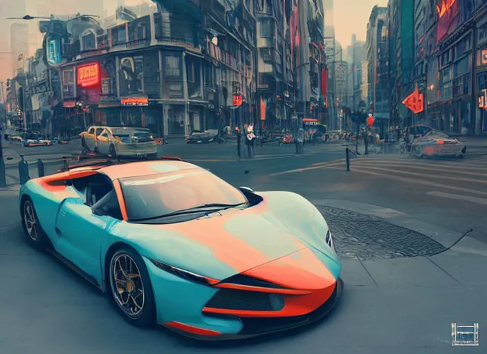 Image similar to a sport car in a city. sharp focus, cinematic pose, cinematic lighting, unreal engine render. art by josan gonzales and moebius and deathburger.