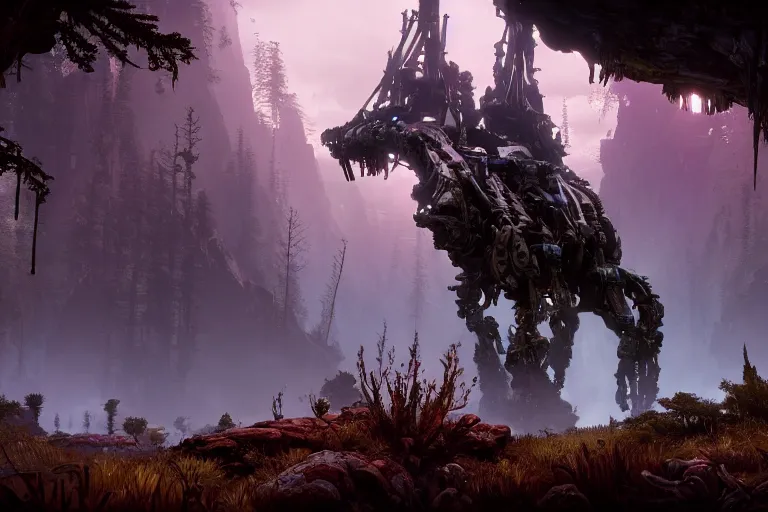 Image similar to wide epic shot from horizon forbidden west. a hyper detailed organic mechanic creatuve realistic similar look as horizon forbidden west horizon zero dawn, bioluminiscence in a dark deep forest at dawn in spring, with reflection and textures, by kilian eng, substance painter reaslitic mech surface metal painted scratches, world env from horizon forbidden west horizon zero dawn