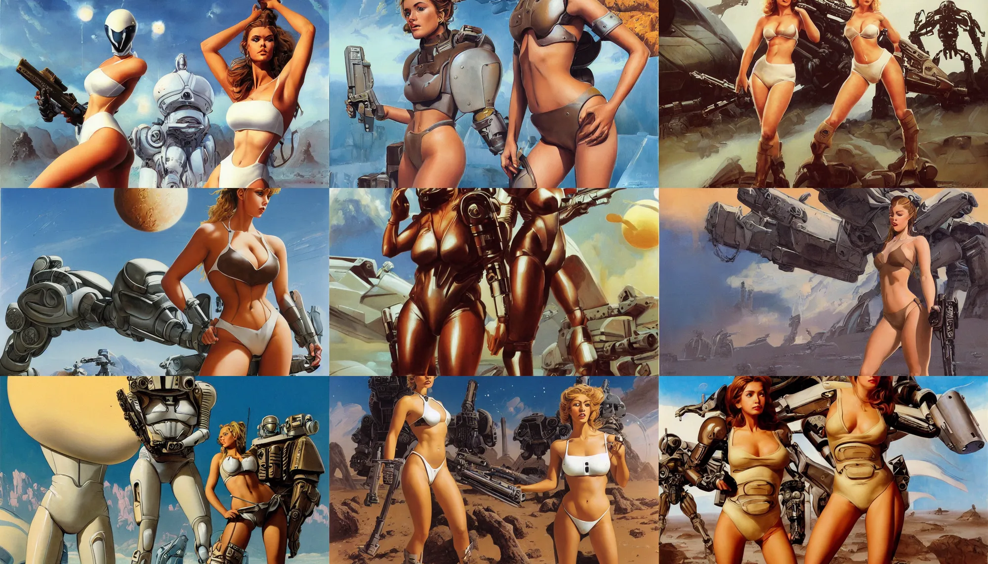 Prompt: A mixed media portrait painting of a very beautiful light-brown-haired woman on an alien planet, very curvy, aesthetic! high-waisted white-bikini-armor and boots, cybernetics, starship-troopers-rifle, aesthetic symmetrical face and eyes, model, wet, pacific-rim-mech in background, by Frank Frazetta, Boris Vallejo, Beeple, Greg Rutkowski, Christian MacNevin, eighties pinup style, epic fantasy character art, high fantasy, CGsociety, exquisite detail, post-processing, masterpiece, cinematic