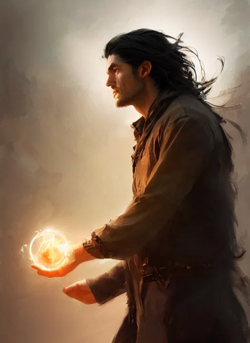 Image similar to side profile of a man with long black hair in brown rags holding a magical orb, fantasy, intricate, sharp focus, lens flare, bloom, illustration, highly detailed, digital painting, concept art, matte, art by ruan jia and wlop and greg rutkowski, masterpiece