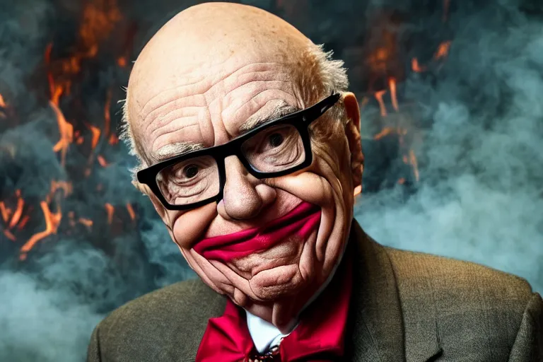 Prompt: Rupert Murdoch wearing glasses and makeup like The Joker, standing in hell surrounded by fire and flames and bones and brimstone, brilliant colors, color photo, portrait photography, depth of field, bokeh