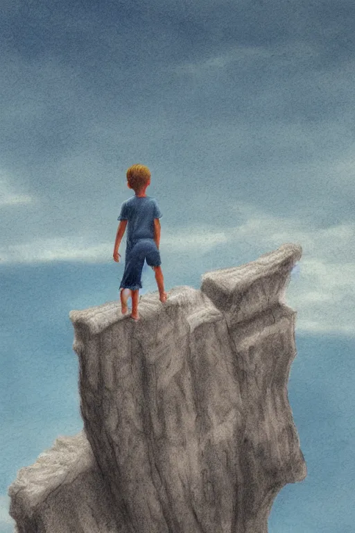 Prompt: a boy standing on a cliff floating over the ocean on a distant planet, highly detailed sketch art