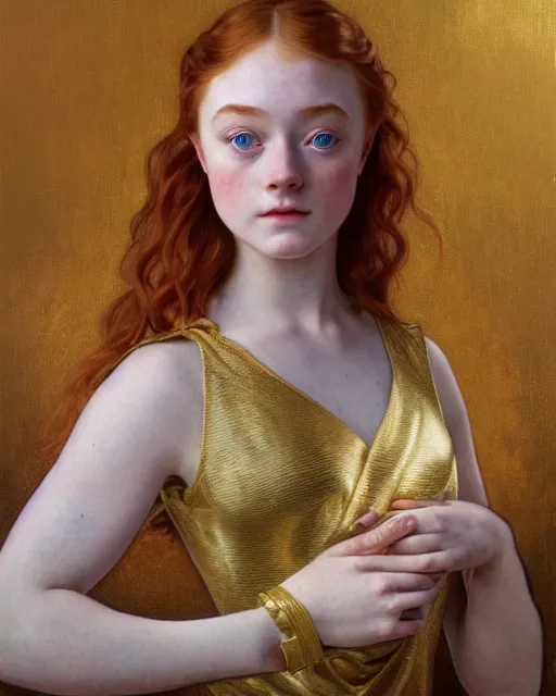 Prompt: realistic oil painting of sadie sink or redheaded saoirse ronan wearing a reflective gold club dress, highly detailed, intricate, elegant, digital painting, smooth, sharp focus, illustration, ultra realistic, 8 k, by bouguereau, alphonse mucha, artgerm, and donato giancola