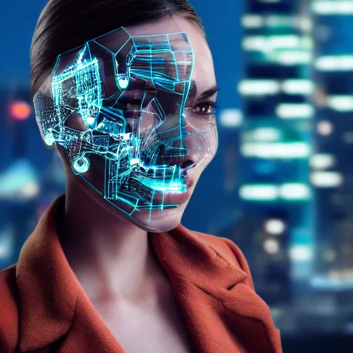 Image similar to close up on a woman\'s face with a log of cybernetic components. Futuristic city in the background. Very detailed. 55mm lens