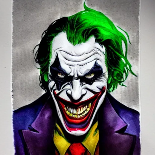 Image similar to the joker watercolor drawing, in the style of greg rutowski, hyper detailed