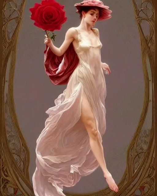 Prompt: classically !!beautiful!! woman dressed in a vaporous wrapped large victorian pale red roses silk semi-transparent dress fashion is running, fantasy, intricate, elegant, highly detailed, digital painting, trending on artstation, concept art, matte, sharp focus, illustration, art by Artgerm and Greg Rutkowski and Alphonse Mucha, trending on instagram