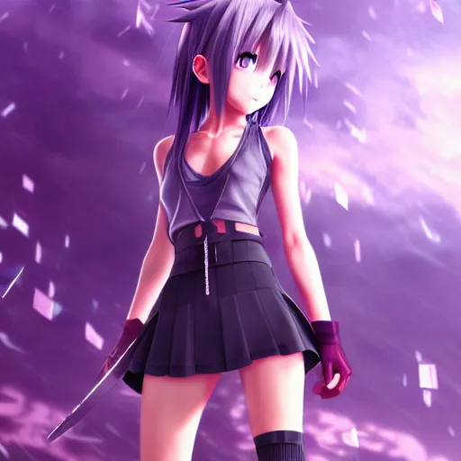 Image similar to beautiful anime girl in the style of final fantasy 7 with purple eyes, wearing a skirt and tanktop, perfect body, standing in the rain, high quality anime art, trending on artstation, 8K octane render, wallpaper