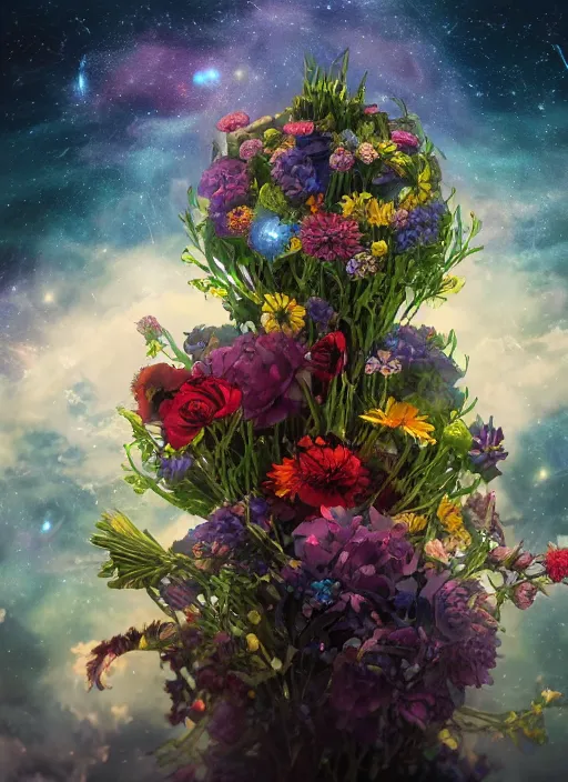 Image similar to An epic fantastic realism comic book style painting of the most beautiful entwined flowers launched across the dark and starry night sky, nebulous bouquets, fisheye lens, unreal 5, DAZ, hyperrealistic, octane render, dynamic lighting