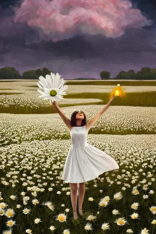 Image similar to giant white daisy flower as head, woman dancing in a flower field, surreal photography, sunrise, dramatic light, impressionist painting, colorful clouds, digital painting, artstation, simon stalenhag