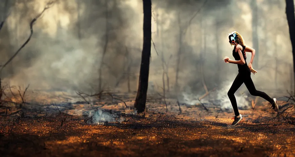 Prompt: taylor swift running away from a fire in a forest, film still, detailed face, found footage, motion blur, 4 k, trending on artstation, celebrities
