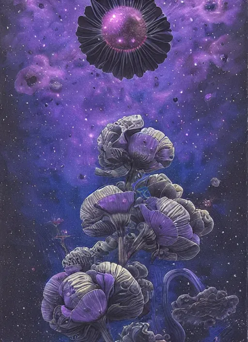 Image similar to detailed, intricate blue black and purple papaverum flower on the field, nebula, galaxy in the sky, winning award masterpiece, fantastically beautiful, illustration, aestheticly inspired, jacek yerka, upscale with anguissola sofonisba work, artstation, 8 k