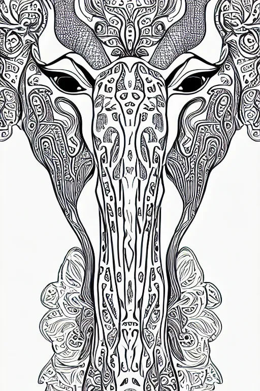 Image similar to giraffe ornate luxury fractal ink drawing line art colouring page, vector, margins, fine lines, centered