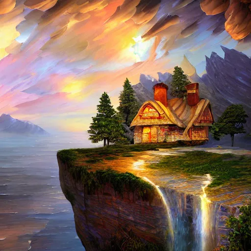 Image similar to cottage on hill cliff cryengine render by android jones, james christensen, rob gonsalves, leonid afremov and tim white