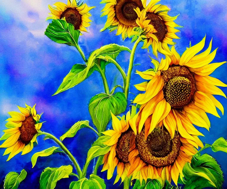 Image similar to sunflowers, william henrits, hovik zohraybyan, water painting, bright colors, sunlight, happy, peaceful, serene, joy