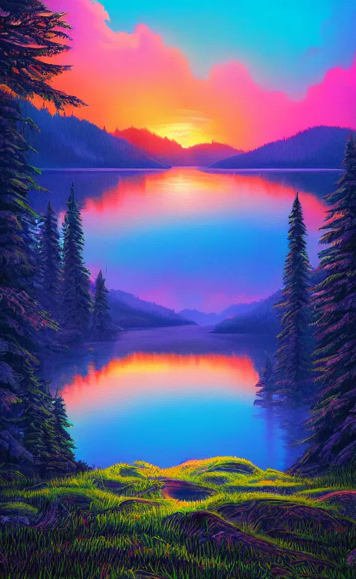 Image similar to beautiful award winning synthwave painting of a canadian lake, extreme detail, digital art, 4 k, ultra hd