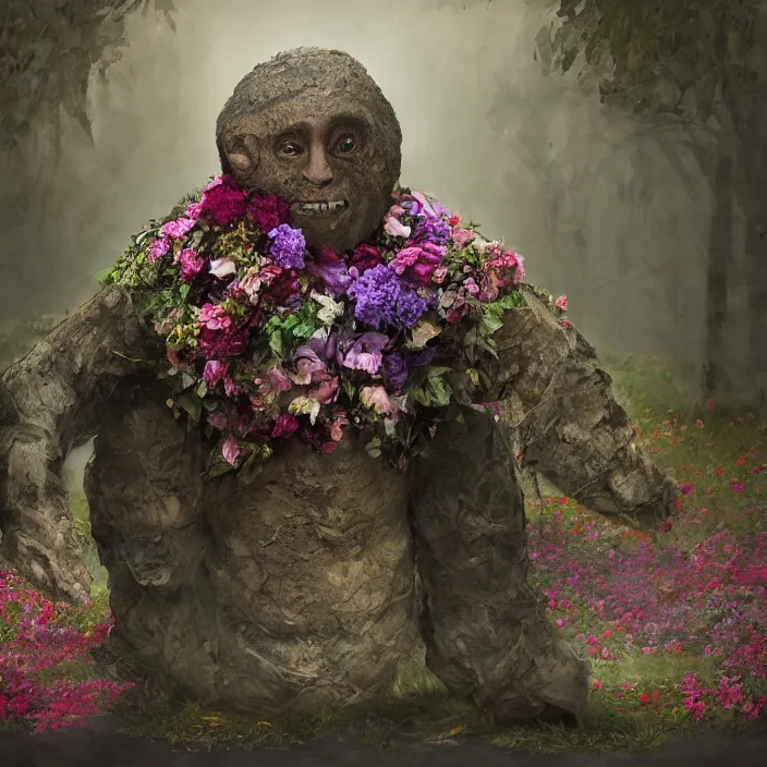 Prompt: a golem wearing a cloak made of flowers, by Omar Z. Robles, CANON Eos C300, ƒ1.8, 35mm, 8K, medium-format print