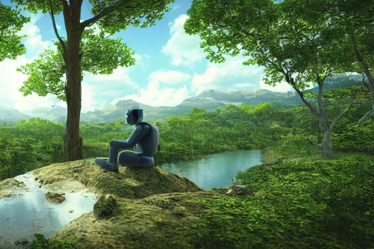 Prompt: zoomed-out 3d render of cel-shaded robot sitting cross-legged with its head pointing down, on a small hill, in a fantasy forest with blooming trees and surrounded my wildlife, river flowing beside the robot, 4k, highly detailed, Unreal Engine, octane render