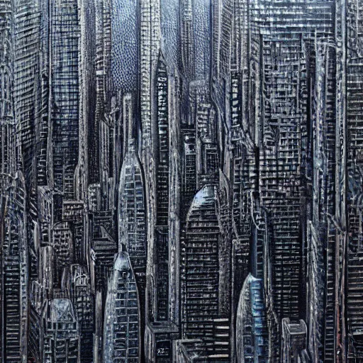 Prompt: closeup of metallic city skyline , hyperrealism, hd, by giger, h.r giger, hr giger, highly detailed,soft lighting, film grain, medium format, 8k resolution, oil on canvas