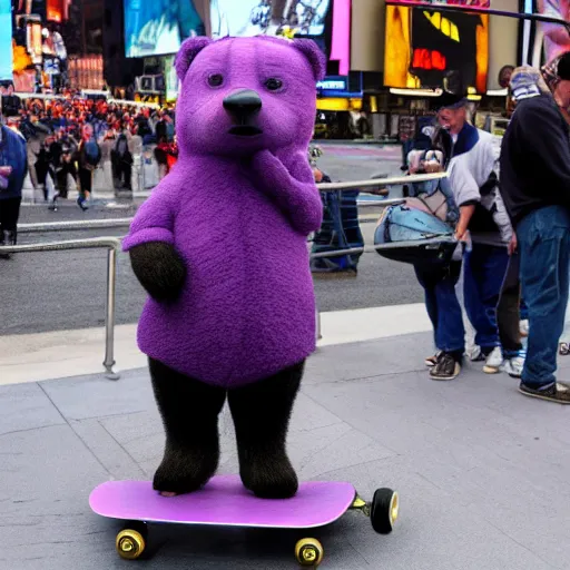 Prompt: Donald Trump as a bear, wearing a purple hat, skateboarding in Times Square, photo realistic