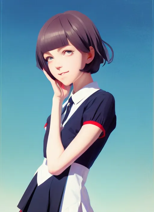 Image similar to full body beautiful and cute and aesthetic school girl greeting, very slightly smiling, wave a hand at the camera, perfect face, symmetric eyes, sharp focus, specular reflection, occlusion shadow, artstation, by ilya kuvshinov and jeremy lipking, light novel cover art, 3 d epic illustrations, symmetric body