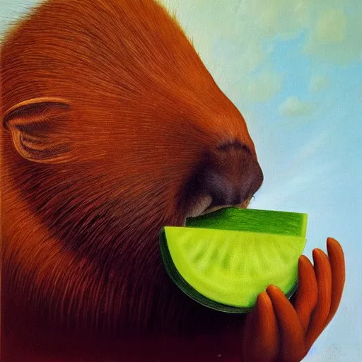 Prompt: Surrealist oil painting of a capybara enjoying a watermelon, as painted by Salvador Dali