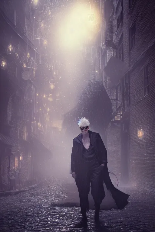 Prompt: a realistic photo of morpheus, the sandman by neil gaiman, pale face, spiky hair, swirling mist, intricate details and textures, mystical feeling, a dark and misty alley lit by gas lanterns, hyper realistic octane render, volumetric shading, depth of field, raytracing, 8 k,