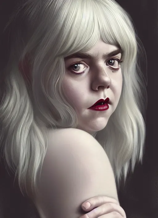 Image similar to full body portrait, kiernan shipka as sabrina spellman, white hair, obese, bangs, sultry, realistic, sultry smirk, fluffy bangs, freckles, fat, belly, intricate, elegant, highly detailed, digital painting, artstation, concept art, smooth, sharp focus, illustration, art by wlop, mars ravelo and greg rutkowski