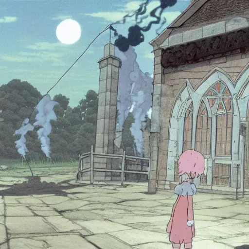 Image similar to ghost of a young girl, a burnt out church, wisps of smoke, photorealism, cel shaded, studio ghibli, hayao miyazaki