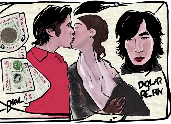 Image similar to reylo kissing, dollar bill!!!, rey and kylo ren