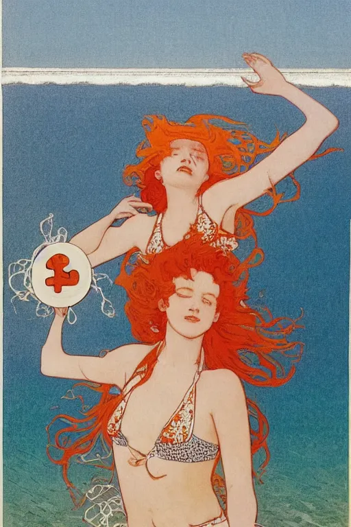 Prompt: A girl in a white lacy bikini and white sun hat and Holding a heart-shaped lifebuoy, jumping for joy,long orange hair floating on air ,Waves and splashes,beach ,Smooth visual lines,graphic Design by mucha