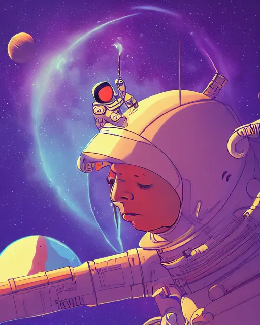 Prompt: wide shoot an ethereal cosmonaut lie relaxed on a crescent moon between the stars and the planets in outer space, cosmonaut post grunge concept art,psychedelic,high detail,4k, physical accurate, trending on artstation by josan gonzalez and tyler edlin