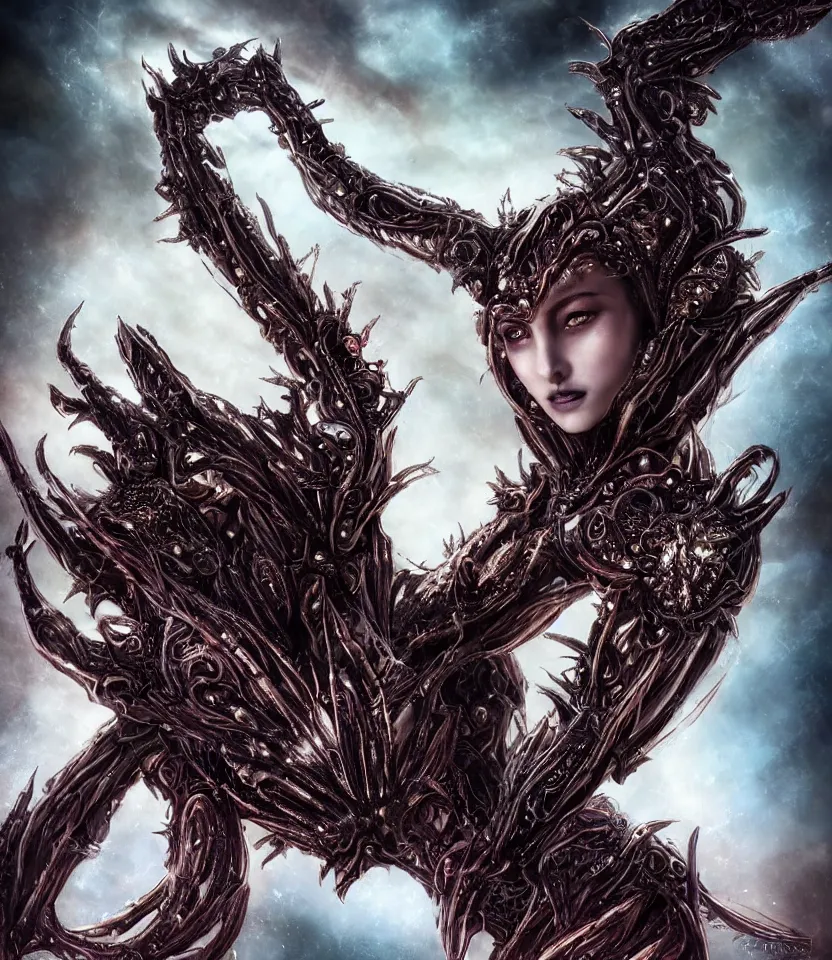 Image similar to close up portrait on the enchanting femenine queen of the zerg, hyper attractive, seductive, very complex, hyper-maximalist, overdetailed, legendary cinematic, darkfantasy, archetype with timeless beauty breathtaking eyes, her spider like legs spread evenly around her framing the image, collossal alien ship in the sky behind her, highly intricate, digital art, very elegant, HDR 8K, biblical art, realism, incomprehensible yet perspicious detail, unbeatable quality, silent hill aesthetic, photorealistic, lifelike, DSLR 8k, unbeatable coherency, Omnious intricate, octane render, created Nixeu & z--ed from deviantart
