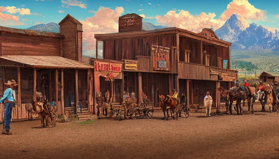 Image similar to an old west cowboy town, digital art, highly detailed, realistic, bright colors, 8 k