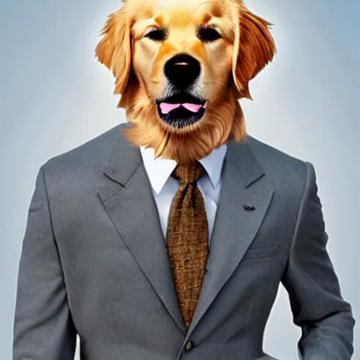 Image similar to a golden retriever with the head of tom cruise wearing a suit